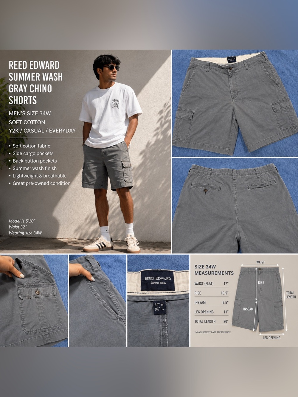 Reed Edward Summer Wash Gray Chino Shorts Men’s 34W Soft Cotton EUC